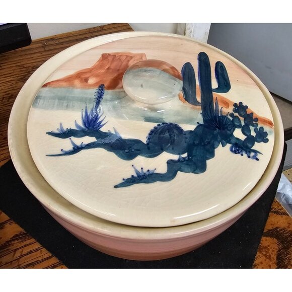 Handcrafted Ellis Pottery Desert Scene Lidded Pottery Bowl - Picture 5 of 13
